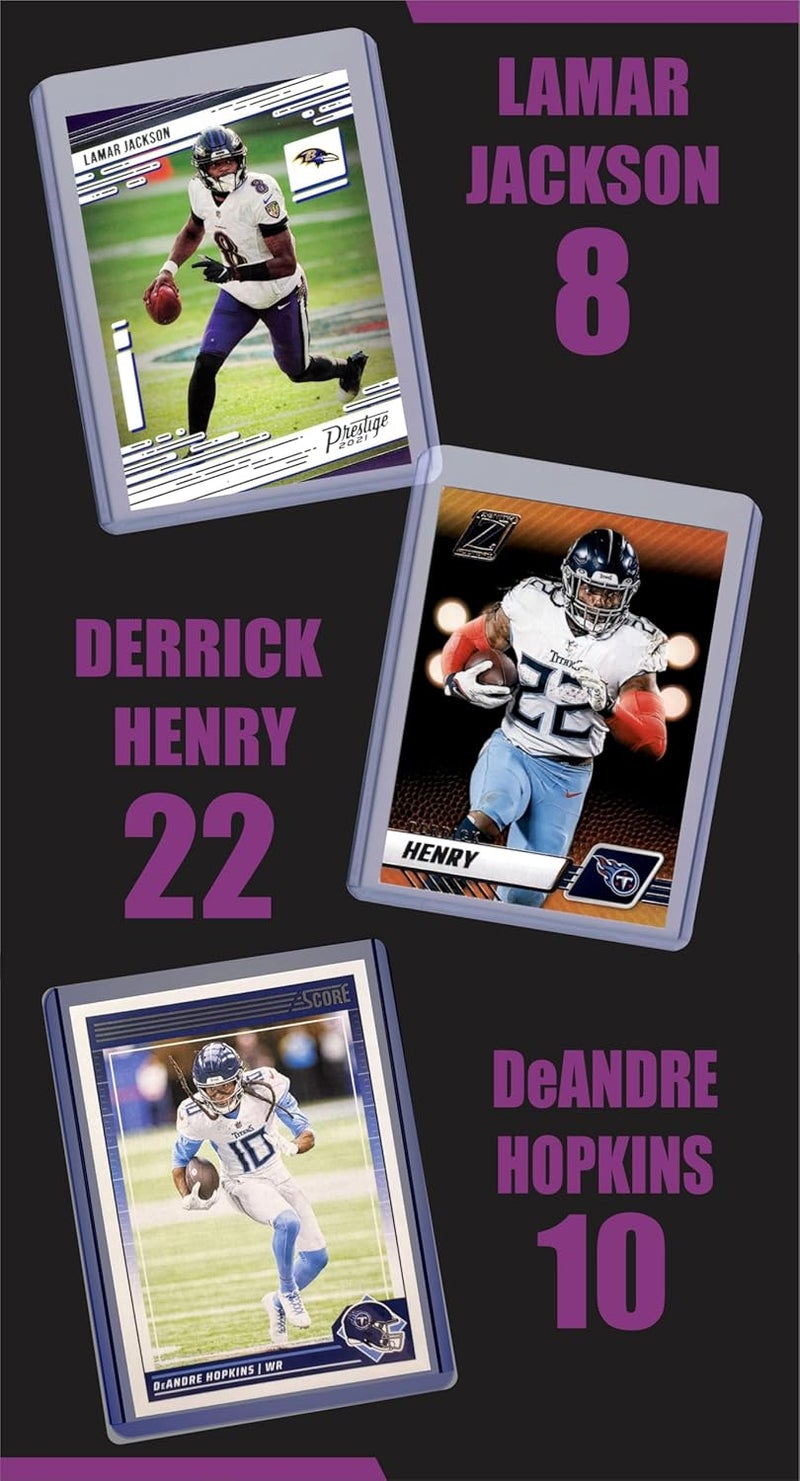 Chaser Baltimore Ravens Cards: Lamar Jackson, Derrick Henry, Zay Flowers, Mark Andrews, Justin Tucker, Rashod Bateman, DeAndre Hopkins, Joe Flacco ASSORTED Football Stars & GOATs Trading Card & Wristbands Gift Pack - Image 2